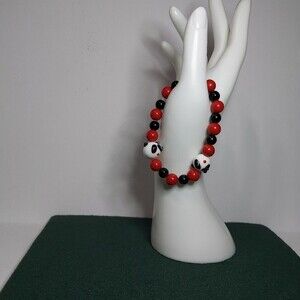 Panda bears Red, Black beads bracelet stretch About 7' wrist